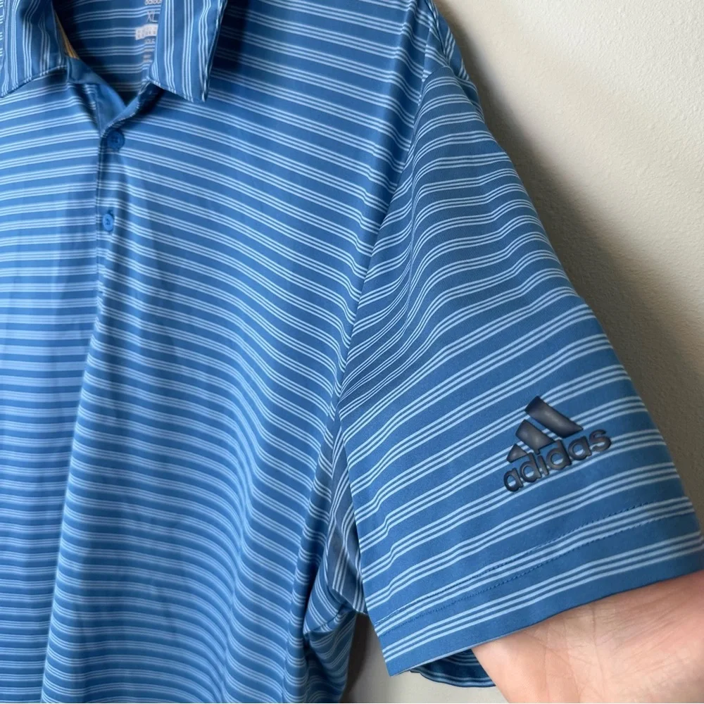 Adidas Men's Golf Blue Striped Polo Shirt Breathable Button Collared Lightweight